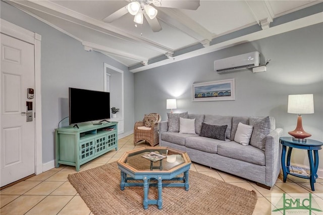 tiled living room featuring a wall unit AC, beamed ceiling, baseboards, and ceiling fan