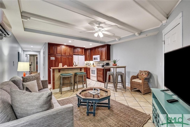 living area with a wall mounted air conditioner, light tile patterned floors, beam ceiling, recessed lighting, and a ceiling fan