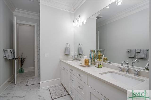 full bathroom with ornamental molding, marble finish floor, and a sink