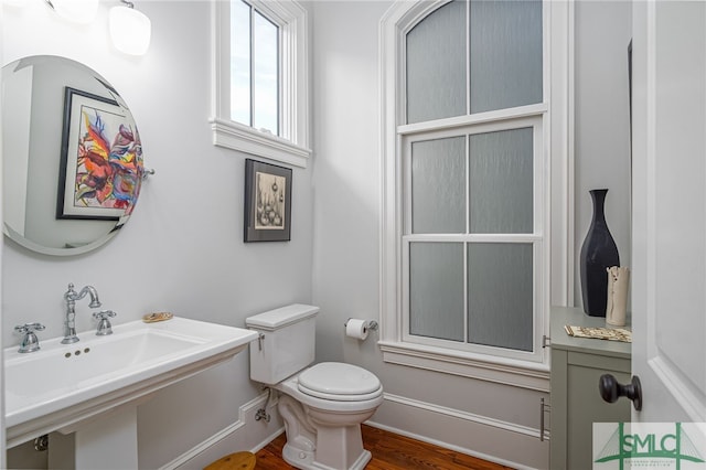 half bath featuring toilet, baseboards, a sink, and wood finished floors