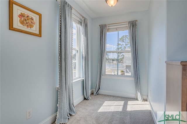 interior space with light carpet and baseboards