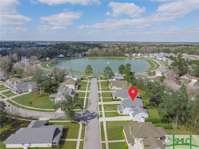 aerial view featuring a water view and a residential view