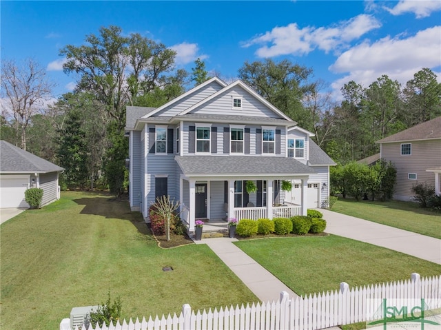 view of front of home with a fenced front yard, roof with shingles, covered porch, concrete driveway, and a front yard