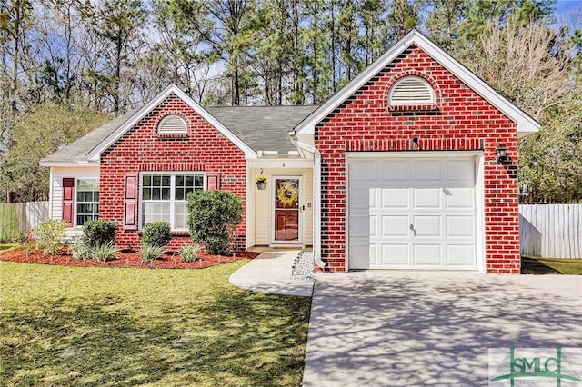 view of front facade with a garage, brick siding, fence, concrete driveway, and a front lawn