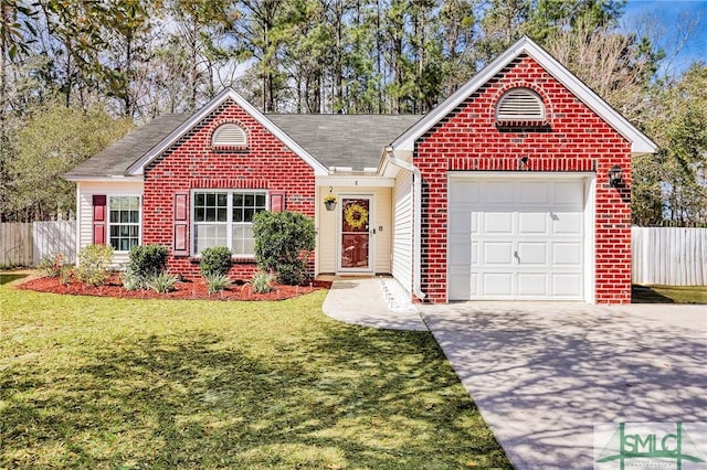 single story home featuring concrete driveway, brick siding, fence, and an attached garage