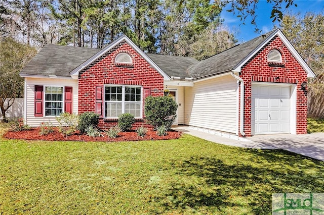 ranch-style home with a garage, a front lawn, and brick siding