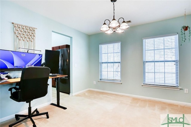 office space with light carpet, visible vents, baseboards, and an inviting chandelier