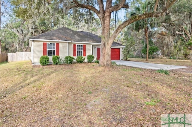 ranch-style house featuring a garage, driveway, a front lawn, and fence