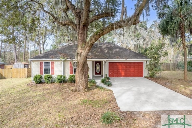 ranch-style home featuring a garage, driveway, fence, and a front lawn