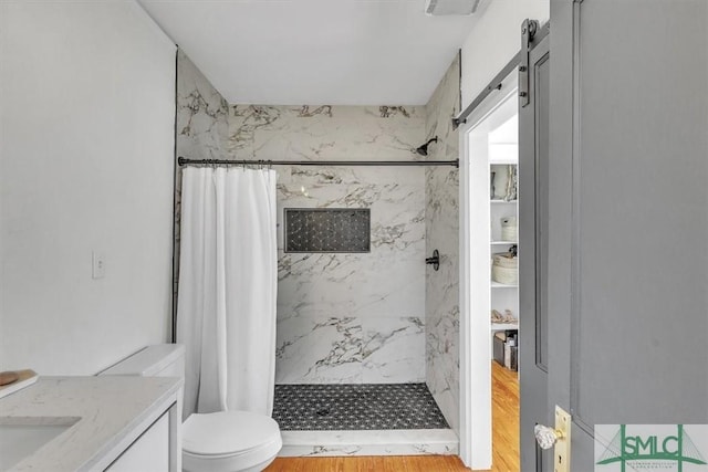 bathroom featuring vanity, a stall shower, wood finished floors, and toilet