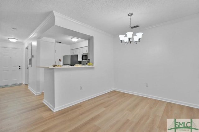 interior space with light wood-type flooring, visible vents, stainless steel appliances, and a textured ceiling