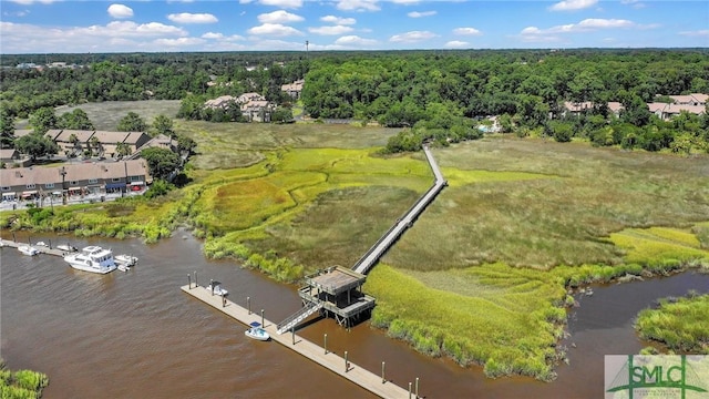 drone / aerial view featuring a water view and a view of trees