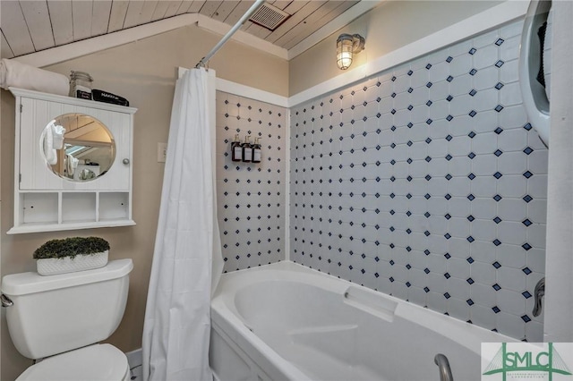 full bath with lofted ceiling, visible vents, toilet, shower / bath combo, and wood ceiling