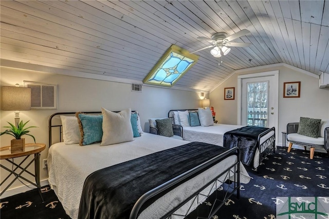 carpeted bedroom featuring lofted ceiling, access to exterior, visible vents, and wooden ceiling