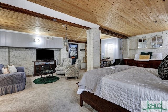 carpeted bedroom featuring ornate columns, wood ceiling, brick wall, and beamed ceiling