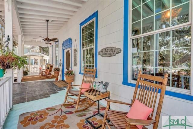 view of patio / terrace featuring a porch and a ceiling fan