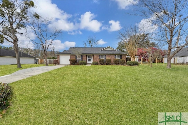 single story home with driveway, an attached garage, fence, a front yard, and brick siding