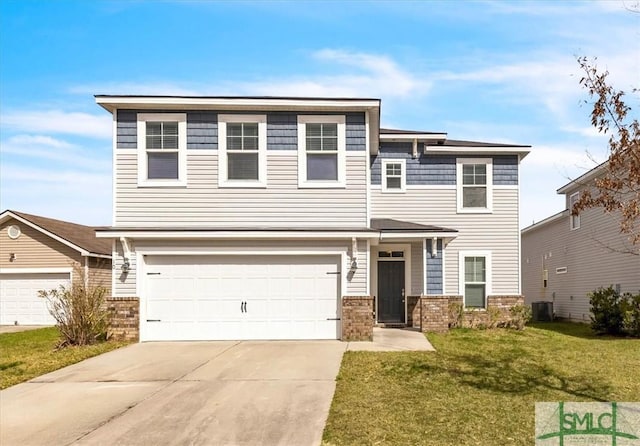 view of front of home with brick siding, concrete driveway, central AC unit, a front yard, and a garage