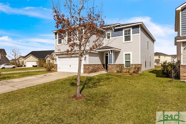 view of front of home featuring brick siding, a garage, a front yard, and concrete driveway