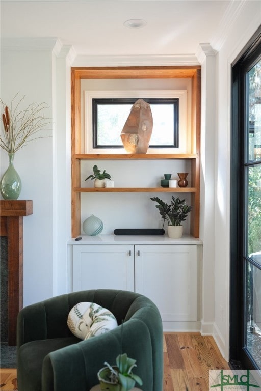 interior space featuring light wood finished floors, baseboards, and crown molding