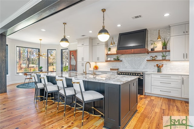 kitchen featuring stainless steel range, range hood, light wood-type flooring, open shelves, and a sink