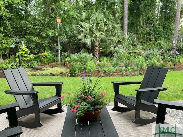 view of property's community with a patio area and a lawn