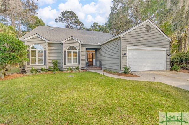 single story home with a garage, driveway, a shingled roof, and a front yard