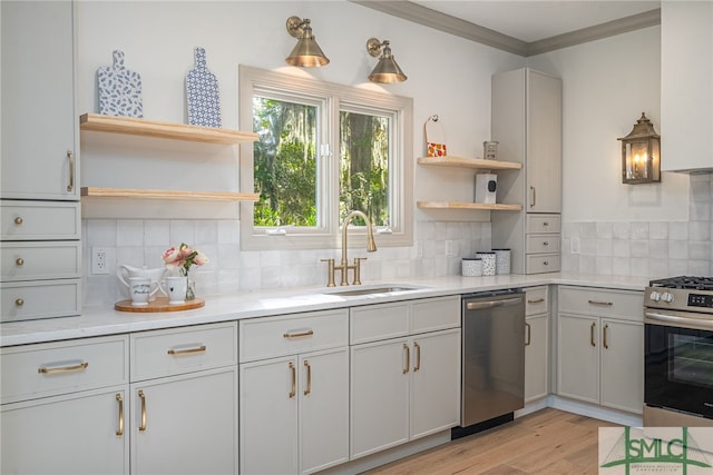 kitchen with stainless steel appliances, a sink, ornamental molding, backsplash, and open shelves