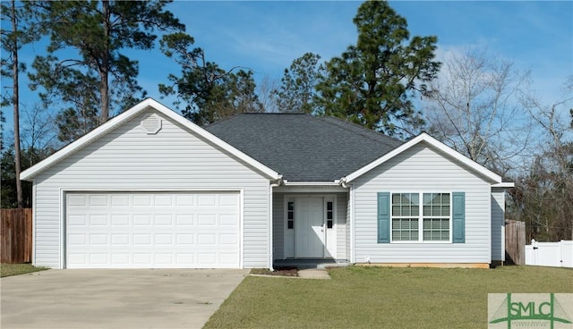 ranch-style house featuring a shingled roof, fence, a garage, driveway, and a front lawn