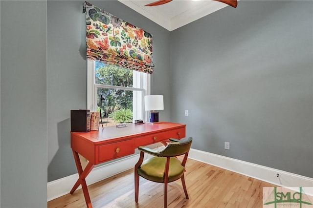 home office with ceiling fan, baseboards, and wood finished floors