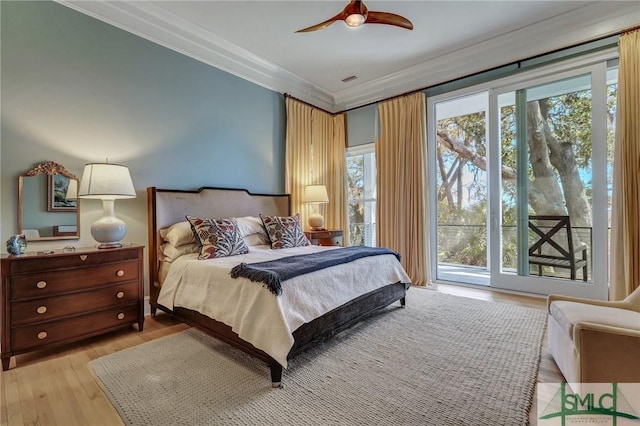 bedroom featuring a ceiling fan, light wood-type flooring, access to outside, and crown molding