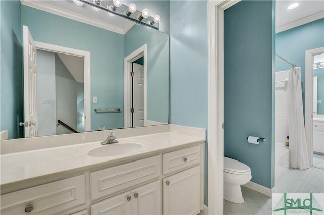 bathroom featuring shower / bath combo, toilet, ornamental molding, tile patterned floors, and vanity