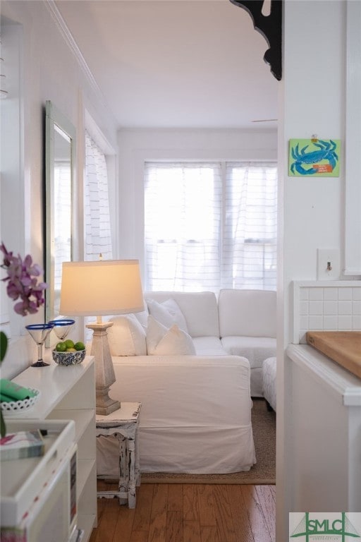 interior space featuring ornamental molding, a wealth of natural light, and wood finished floors