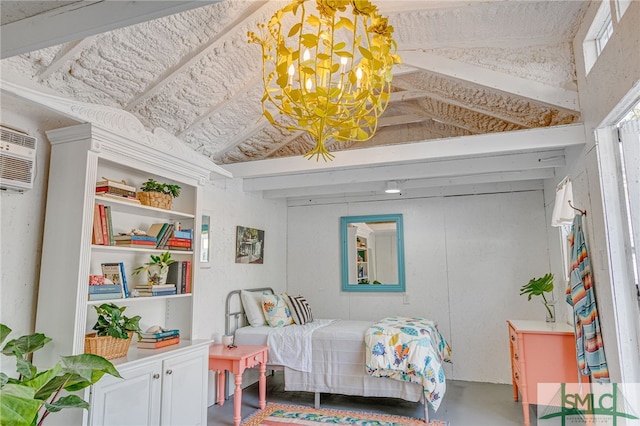 bedroom featuring a wall mounted AC, finished concrete flooring, and an inviting chandelier