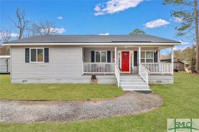 view of front of home featuring covered porch, a shingled roof, crawl space, and a front yard