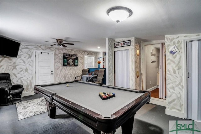 recreation room featuring baseboards, pool table, a ceiling fan, and wallpapered walls