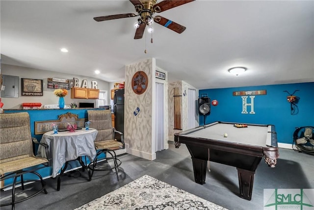 playroom with recessed lighting, pool table, a ceiling fan, baseboards, and electric panel