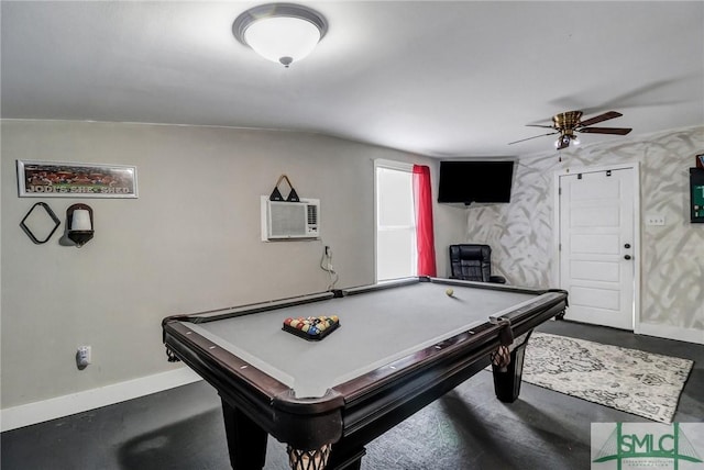 recreation room with finished concrete flooring, pool table, a ceiling fan, and baseboards