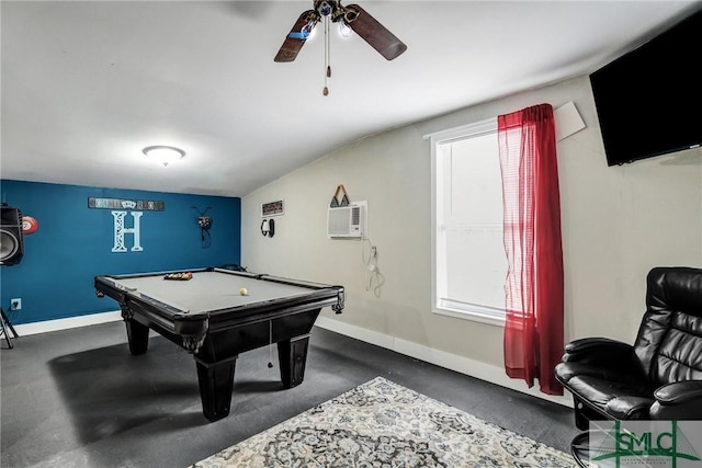 playroom featuring pool table, a wall mounted AC, ceiling fan, vaulted ceiling, and baseboards