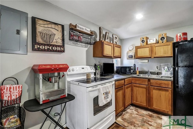 kitchen featuring a sink, electric panel, black appliances, brown cabinetry, and dark countertops