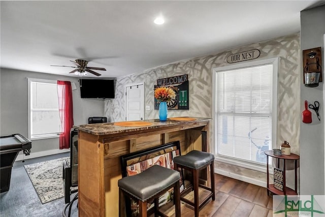 bar featuring plenty of natural light, baseboards, and ceiling fan