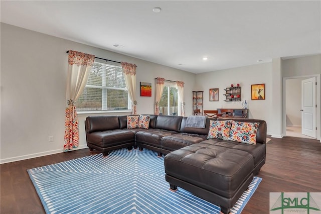 living area featuring baseboards, wood finished floors, and recessed lighting