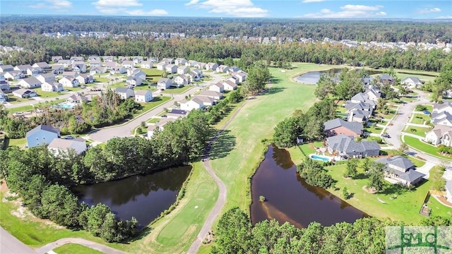 aerial view featuring a residential view, a water view, and golf course view