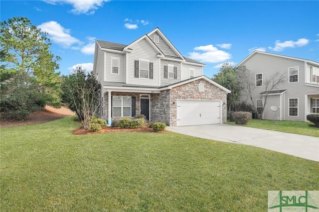 traditional-style home with an attached garage, driveway, a front lawn, and stone siding