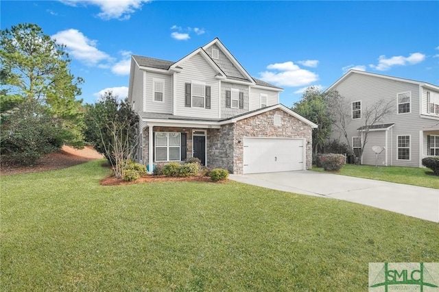 view of front of house with an attached garage, a front lawn, concrete driveway, and stone siding