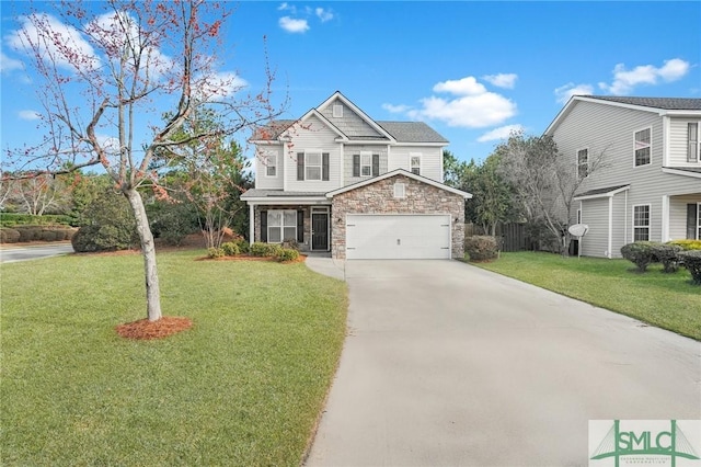 traditional home featuring a garage, concrete driveway, stone siding, and a front yard