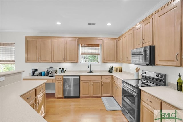 kitchen with a sink, appliances with stainless steel finishes, and light brown cabinets