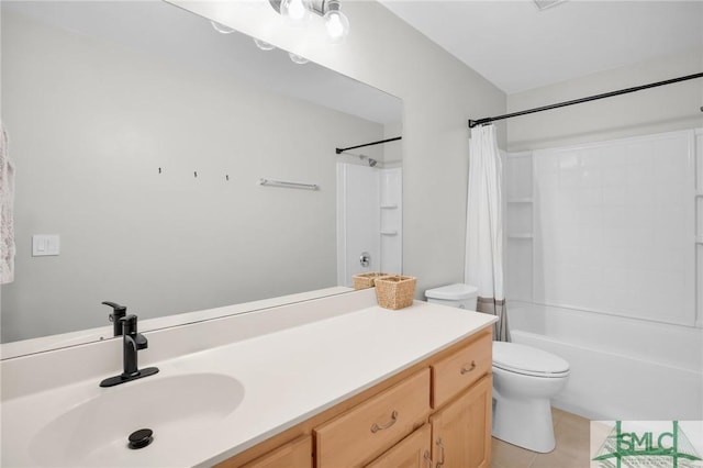 bathroom with shower / bath combo, tile patterned flooring, vanity, and toilet