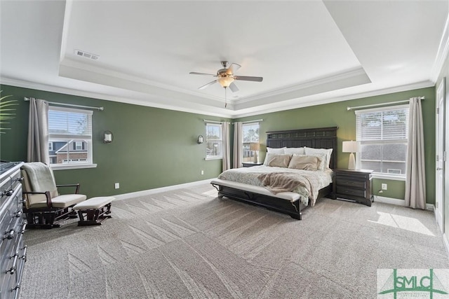 bedroom with multiple windows, carpet, and a raised ceiling