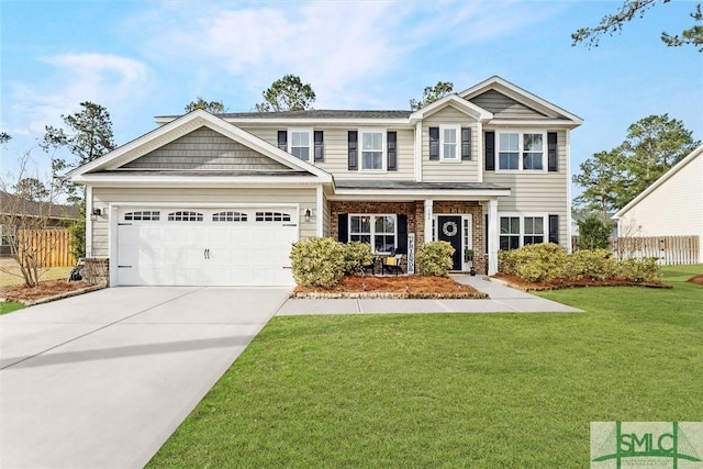 view of front of property with a garage, brick siding, fence, driveway, and a front yard